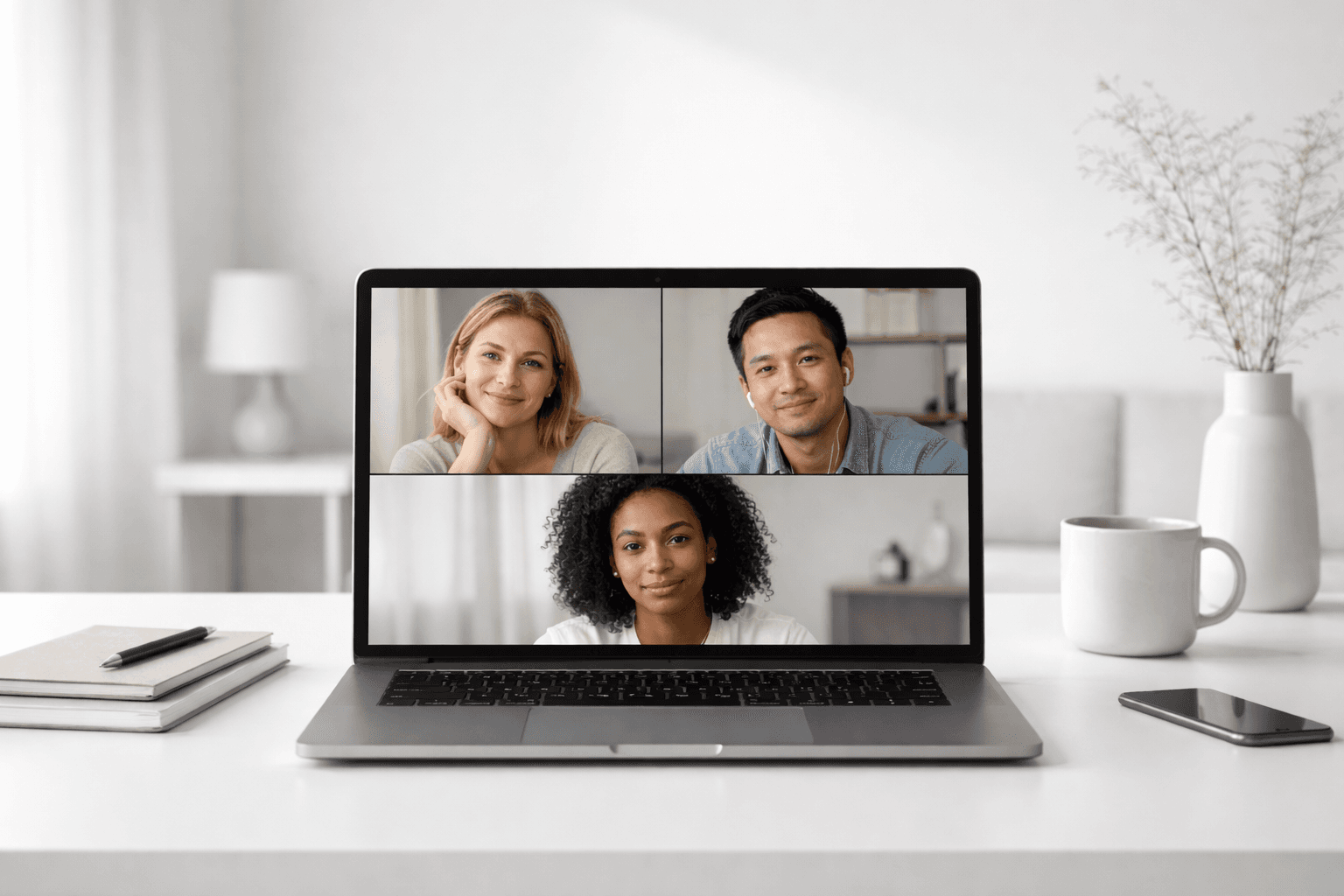 Three people taking part in an online video session